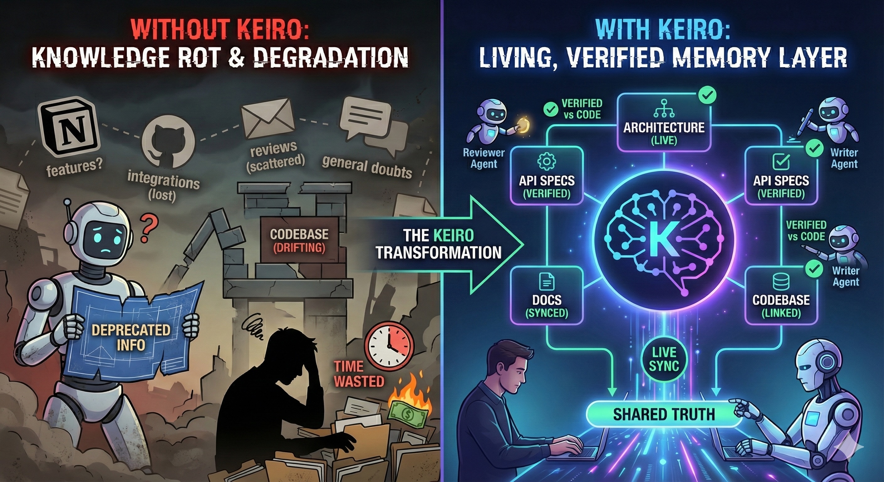 Comparison showing how development teams work without KEIRO vs with KEIRO - fragmented tools vs unified knowledge orchestration